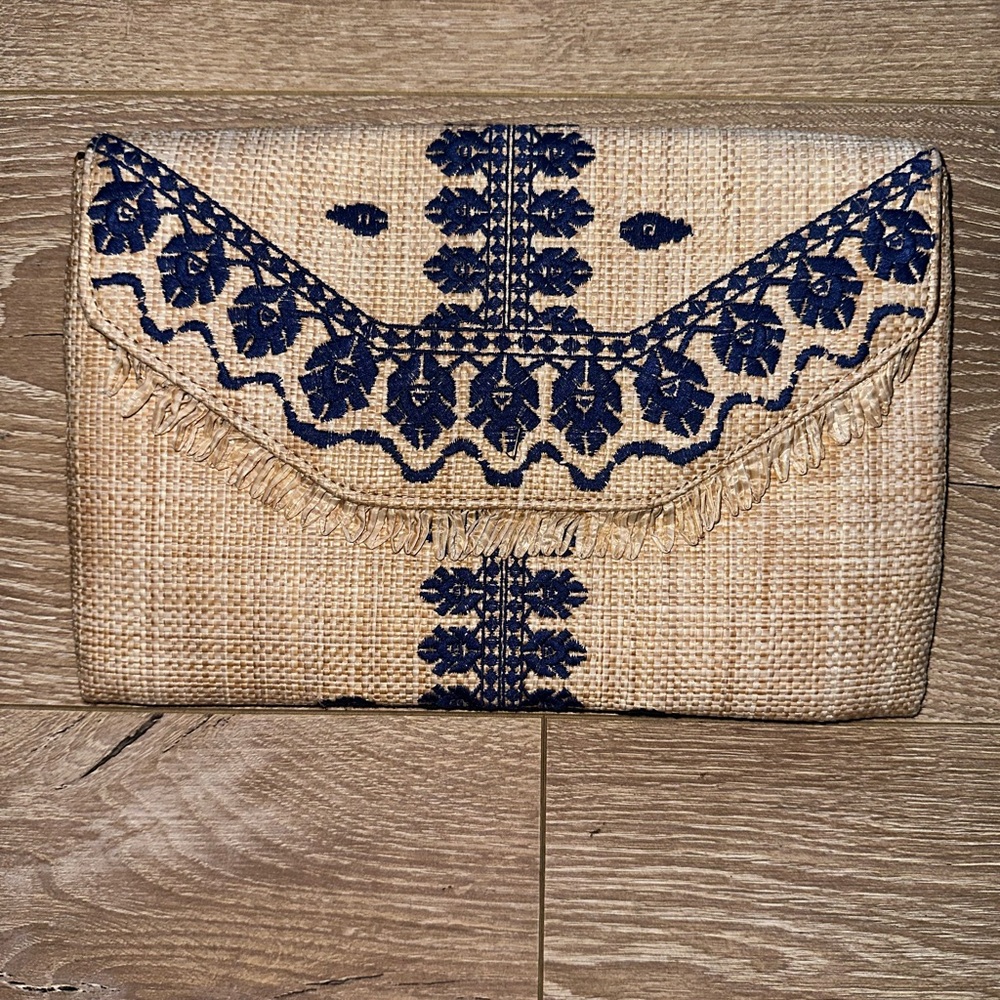 Stella & Dot Tan and Blue Embroidered Clutch (NEW)
